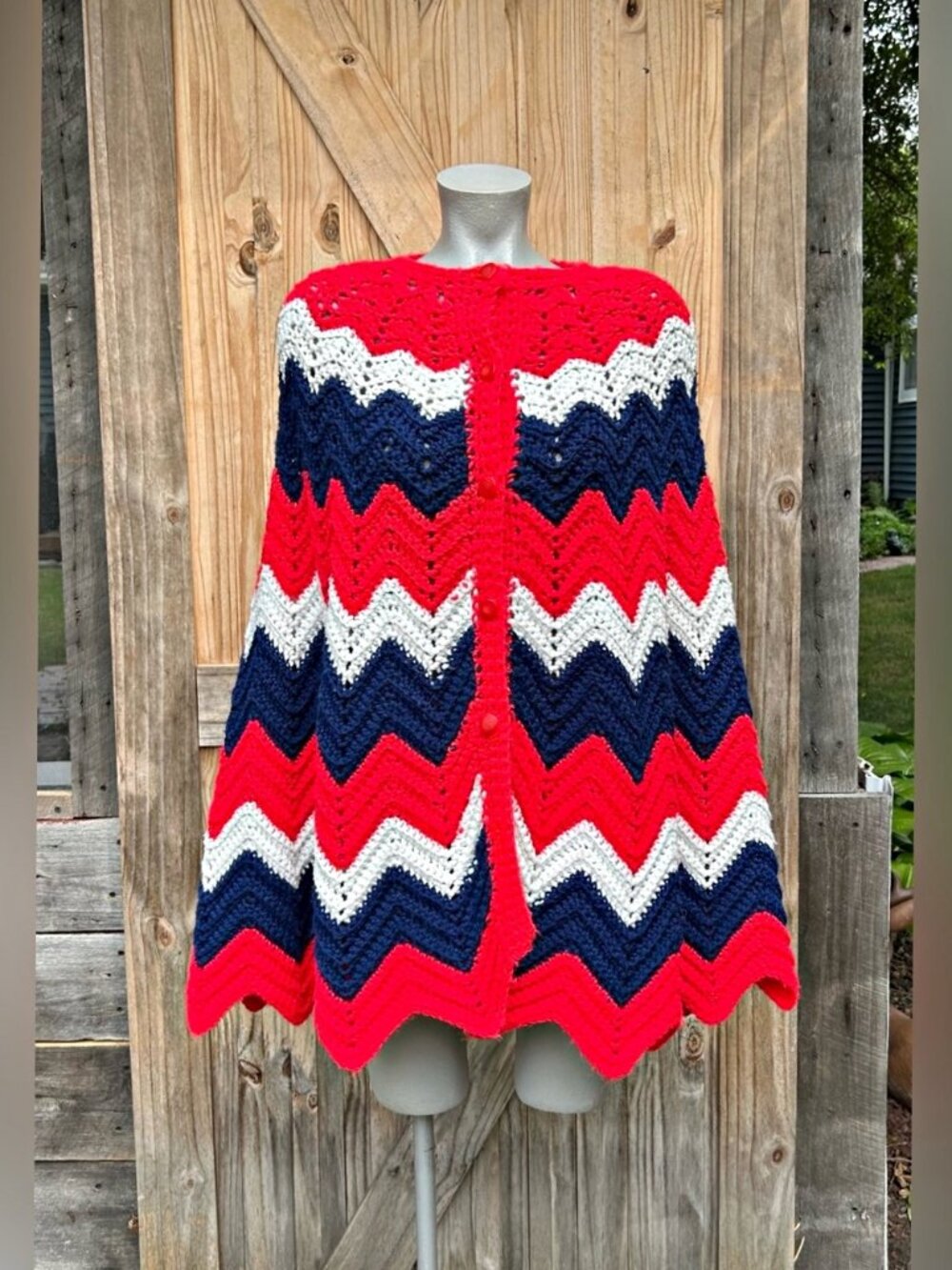 Vintage 70s Red White Blue Chevron Button Up Boho Crochet Shawl Poncho~OS~